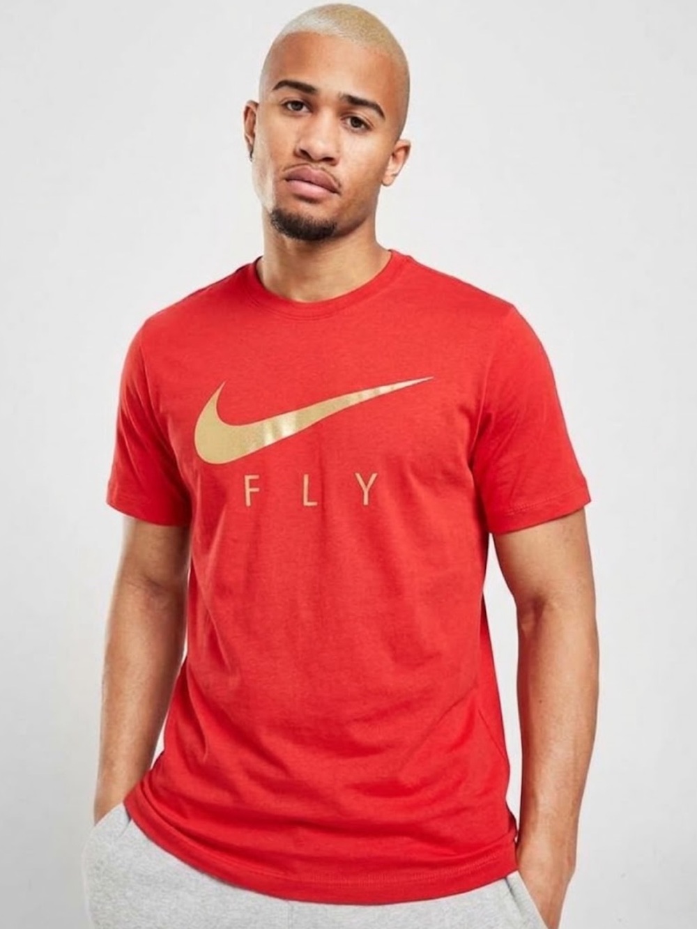 Nike Red Short-Sleeve Tee with Gold Swoosh and FLY Print